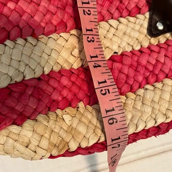 Red straw Cornhusk tote bag nautical stripes rope handles wood anchor - Picture 6 of 12